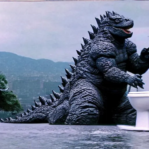 Image similar to candid photo of godzilla sitting on a gigantic toilet