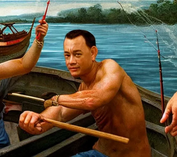 Image similar to Tom hanks as forrest gump fishing for shrimp in a giant shrimp boat, realistic face, renaissance painting, amazing detail