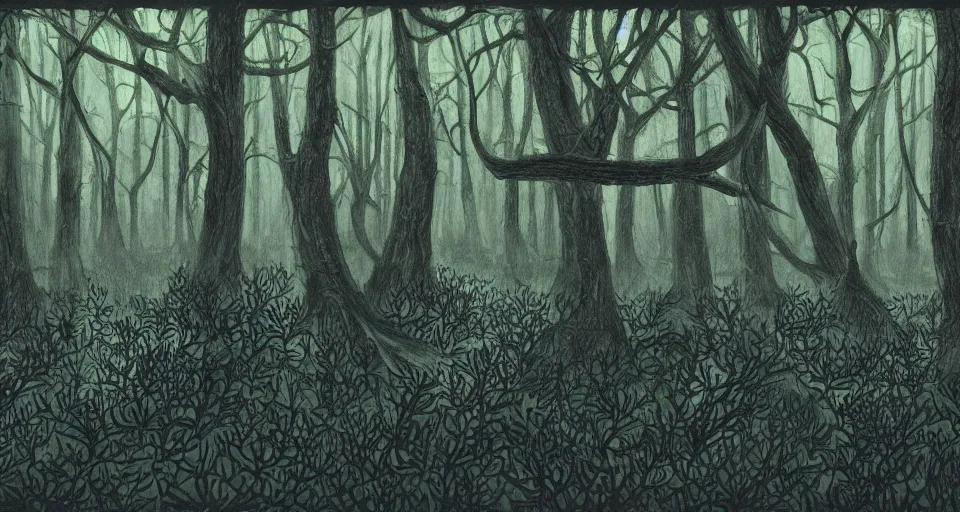 Image similar to A dense and dark enchanted forest with a swamp, by David Eichenberg