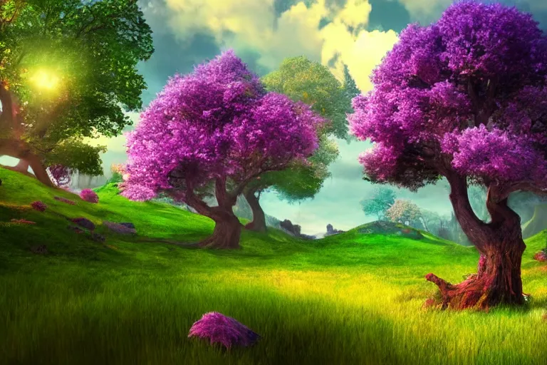 Prompt: Landscape of a beautiful enchanted fantasy world. Colorful. A giant tree. Cinematic lighting. Photorealism.