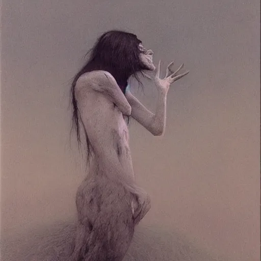 Prompt: werewolf girl with black wings by Beksinski