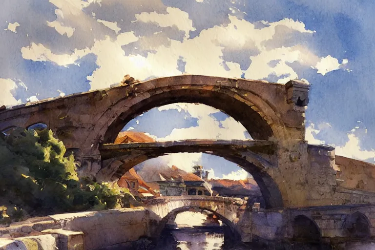 Image similar to small centered on watercolor paper, paint brush strokes, abstract watercolor painting of ancient roman bridge in bright daylight, tall clouds, cinematic light, national romanticism by hans dahl, by jesper ejsing, by anders zorn, by greg rutkowski, by greg manchess, by tyler edlin