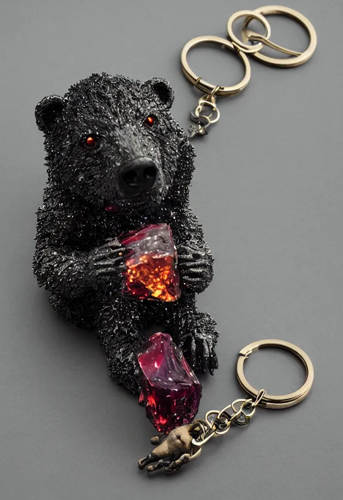 Image similar to a deep coloured crystal bear keychain by greg rutkowski, sung choi, mitchell mohrhauser, maciej kuciara, johnson ting, maxim verehin, peter konig, 8 k photorealistic, cinematic lighting, hd, high details, dramatic, atmosphereric