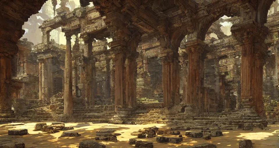 Prompt: ancient temple ruins interior, intricate, elegant, vivid colors, highly detailed, john park, craig mullins, sparth, ruan jia, jeffrey catherine jones