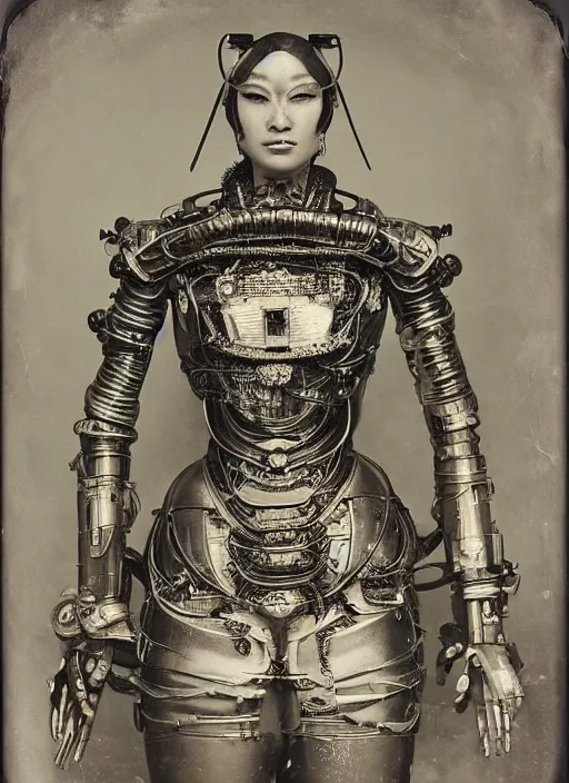 Image similar to old wetplate daguerreotype frame portrait of a futuristic silver armored geisha district 9 cyborg, fractal, intricate, elegant, highly detailed, subsurface scattering, by jheronimus bosch and greg rutkowski and louis jacques mande daguerre