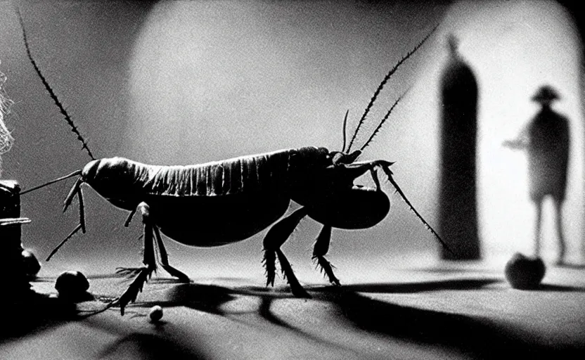 Prompt: the cockroach king, still from an old surrealist black and white movie directed by Jan Svankmajer, Béla Tarr, Ingrid Bergman and Robert Wiene. Dark background, dramatic lighting, detailed, cinematic