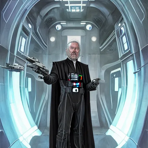 Image similar to star wars comic book style portrait painting of an old thin wispy man with a mean intelligent face, and futuristic victorian clothing, standing in front of a computer simulation, sci - fi, intricate, elegant, highly detailed, digital painting, artstation, concept art, matte, sharp focus, illustration, art by artgerm and greg rutkowski and jim burns