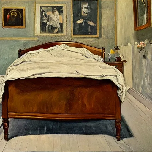 Image similar to painting of ema stone on a victorian bed in a big old room, wide shot by lucian freud