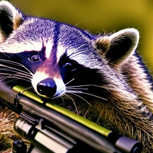 Prompt: raccoon shooting sniper rifle, photo, detailed, 4 k