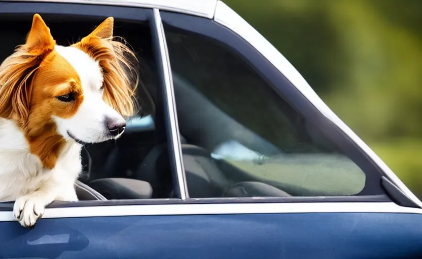 Image similar to a dog sitting in a car, looking out of the window and his hair is flying in the wind, 8 k