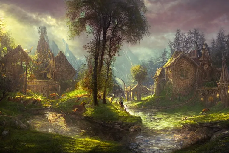 Prompt: fantasy painting, dungeons and dragons, celtic sylvan rivendell medieval village hovels with a stream in a forested valley, sunset with ominous shadows, a bunny by jessica rossier and brian froud cinematic painting