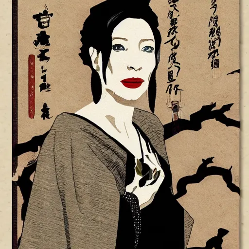 Image similar to cate blanchett in the style of japanese wood print