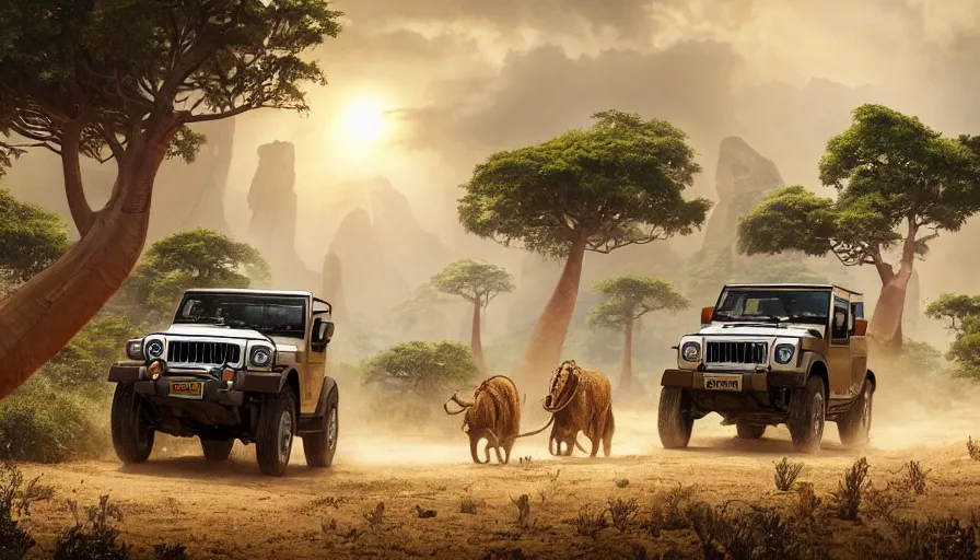 Prompt: mahindra thar driving through madagascar with baobabs trees, tribe members chasing for an attach, action scene, an epic fantasy, artgerm and greg rutkowski and alphonse mucha, an epic fantasy, volumetric light, detailed, establishing shot, an epic fantasy, cinematic, photorealistic, trending on art station, octane render, midsommar