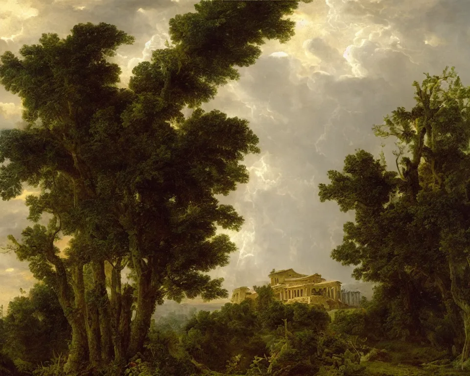 Image similar to landscape painting of Roman basilica overgrown with verdant foliage, during a thunderstorm, by hermann corrodi.