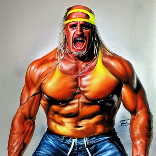 Image similar to wrestler hulk hogan, photorealistic, ring of fire, painted by simon bisley