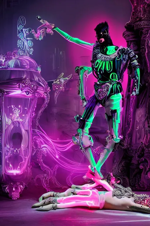 Image similar to full-body rococo and cyberpunk style neon statue of a young attractive Zayn Malik macho dotado e rico android sim roupa reclining con las piernas abertas e la piroca dura, glowing white laser eyes, prince crown of pink gears, diamonds, swirling silver-colored silk fabric. futuristic elements. full-length view. space robots. human skulls. intricate artwork by caravaggio. Trending on artstation, octane render, cinematic lighting from the right, hyper realism, octane render, 8k, depth of field, 3D
