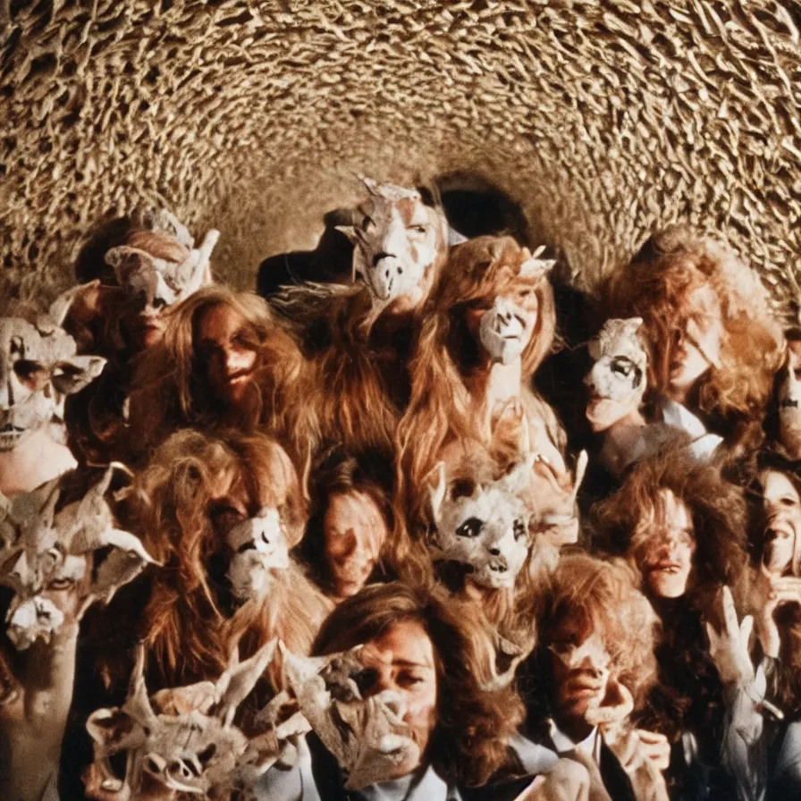 Prompt: 7 0 s movie still of cult members with taxidermic moth masks in a spiral tunnel, cinestill 8 0 0 t 3 5 mm, heavy grain, high quality, high detail