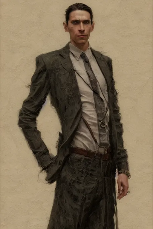 Image similar to skinny male fantasy scientist, long dark hair, 1 9 2 0 s, elegant, highly detailed, intricate, smooth, sharp focus, artstation, digital paining, concept art, art by donato giancola, greg rutkowski, artgerm, cedric peyravernay