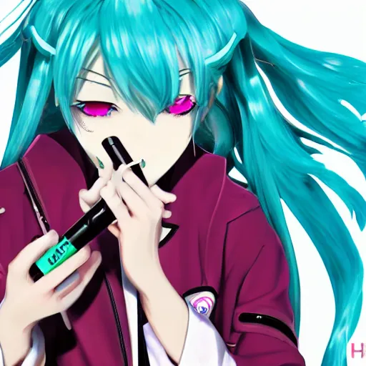 Image similar to hatsune miku high on weed with bloodshot eyes smoking with a vape pen.