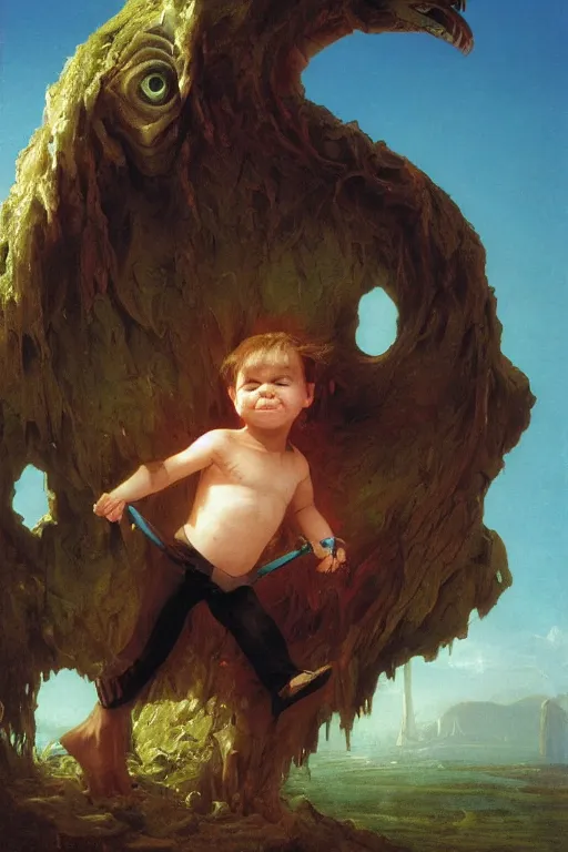 Image similar to a cute and mischievous kender , realistic oil painting by Thomas Cole and Wayne Barlowe