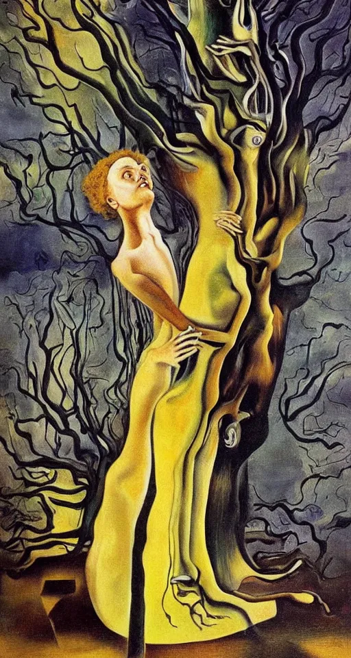 Image similar to Marie Curie hugging a tree, surreal oil painting by Salvador Dalí