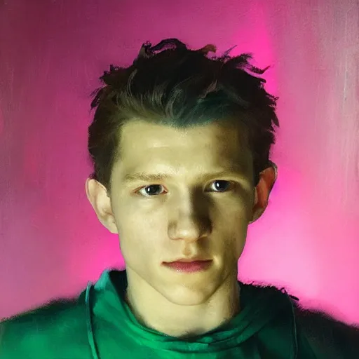 Prompt: tom holland wearing green tunic holding glowing purple orb by ruan jia, portrait