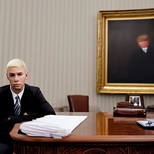 Image similar to Eminem in the president's office in the White House, photorealistic, high definition, cinematic lighting,