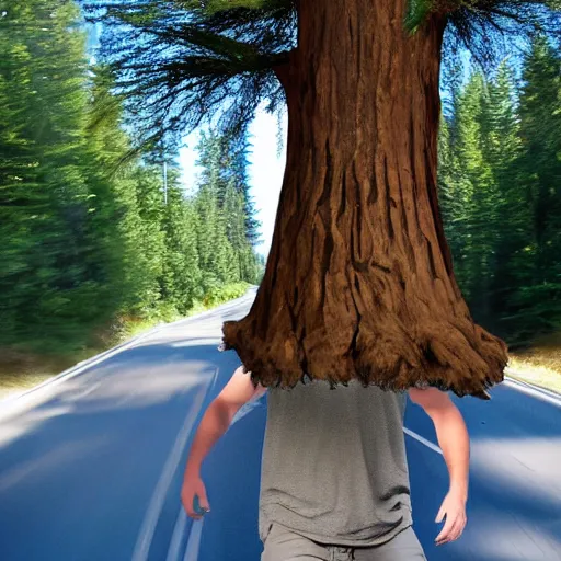 Prompt: Sasquatch pushing a big tree onto highway traffic