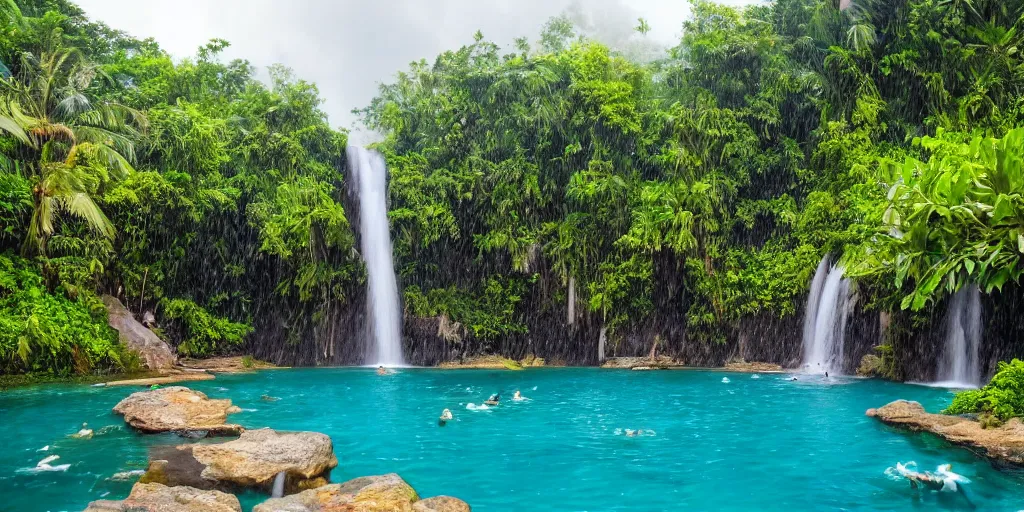 Image similar to of a tropical island with a majestic waterfall flowing into a clear pool of water, raining, fish swimming