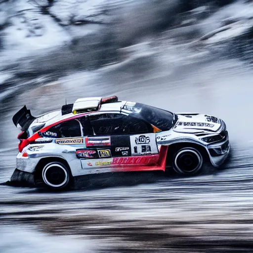 Image similar to rally cars racing through snow on a mountain, snowing fast image motion blur 8k