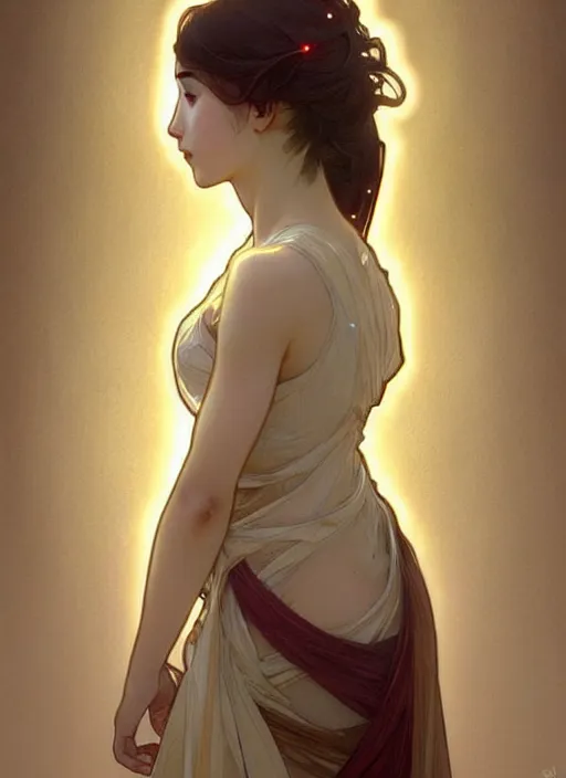 Image similar to digital character concept art by artgerm and greg rutkowski and alphonse mucha. clear portrait of a young wife blessed by god to uncontrollably become overwhelmingly perfect!! asian, fully clothed!!!, super feminine holy body!! light effect. hyper detailed, glowing lights!! intricate, elegant, digital painting, artstation, smooth, sharp focus