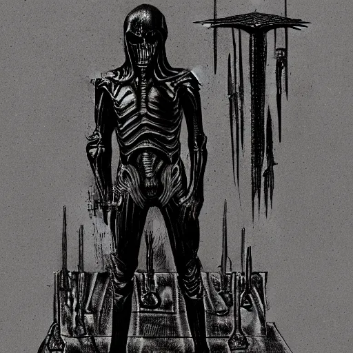 Image similar to full-body dark creepy gothic H.R. Giger realistic diagram drawing central composition a decapitated soldier with futuristic elements. he welcomes you with no head, dark dimension, empty helmet inside is occult mystical symbolism headless full-length view. standing on ancient altar eldritch energies disturbing frightening, hyper realism, 8k, sharpened depth of field, 3D