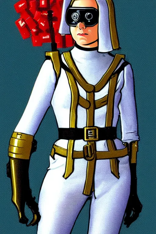 Prompt: extreme long shot. 8 bit nes graphics. stoic heroic butch blonde woman engineer with very short slicked - back butch hair. victorian brass goggles. white and gold satin uniform and cape. boots and gloves. jetpack. fine details, very sharp, art from nes game cartridge, marc simonetti and hermann nitsch
