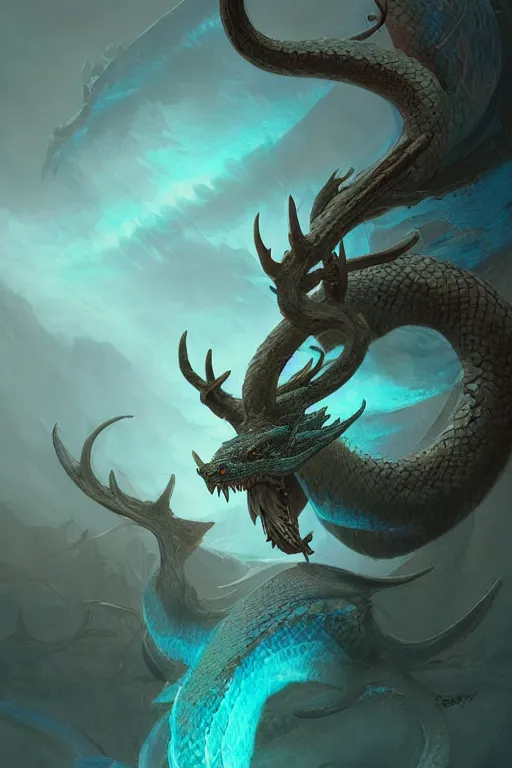 Prompt: cyan dragon - snake hybrid, antlers, disgruntled scales, claws, fantasy, magic, complete, detailed, digital painting, trending on artstation, matte painting by greg rutkowski john howe