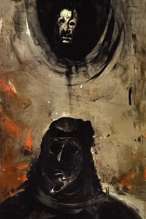 Image similar to menacing portrait of medici emerging from the dark void, loneliness in the dark void, painted by Adrian Ghenie, Eugène Delacroix, Francis Bacon,