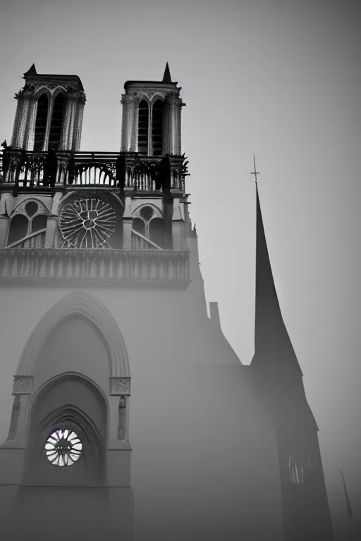 Prompt: misty artistic rendering Cathedral of Notre Dame, ash in the air, silent hill style, 8k resolution, octane render, volumetric lighting popular on artstation, popular on deviantart,