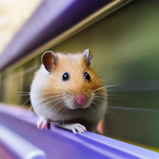 Image similar to detailed photo of a hamster sitting in a train, various poses, wide shot, unedited, daylight, dof, sharp focus, 8 k
