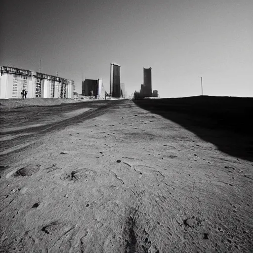 Image similar to moonwalker photo, lunar soil, future, city buildings, a detailed photo of a future norilsk base, moon landscape, street photo