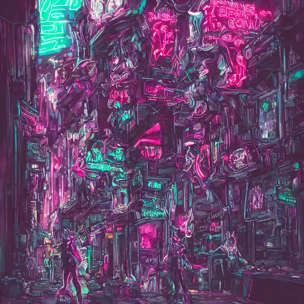 Image similar to beautiful furry art portrait commission of a androgynous furry anthro wolf fursona both wearing punk clothes in the streets of a cyberpunk city. neon signs.