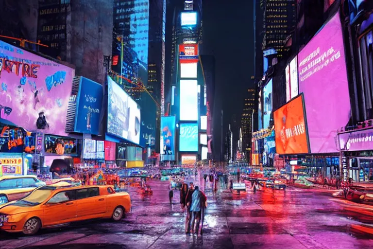 Image similar to a billboard on times square at night, screen show concert poster, band name is tripmachine, on the screen is a 3 d render of a huge futuristic steampunk generator, wet street, realistic digital art, 8 k, fluorescent colors, halluzinogenic, multicolored, exaggerated detailed, unreal engine, 8 0 mm