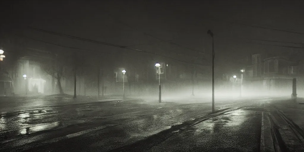 Image similar to silent hill in real life, streets, sombre, parked cars, overcast, blankets of fog pockets, rain, volumetric lighting, beautiful, night time, autumn, sharp focus, 7 0 s visuals, ultra detailed, cgsociety