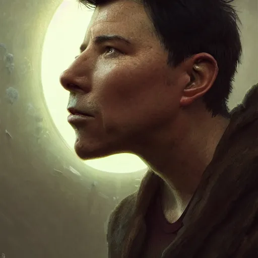 Prompt: a portrait of michael mcintyre, there is a dragon in the background, anatomy, bathed in light, highly detailed, photorealistic, artstation, smooth, sharp focus, illustration, unreal engine 5, 8 k, art by artgerm and greg rutkowski and edgar maxence