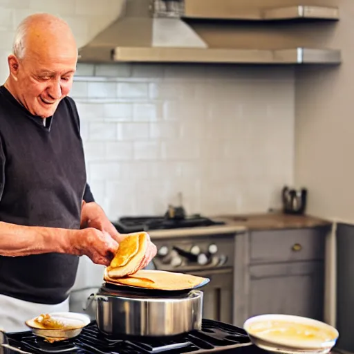 Prompt: old guy cooking pancakes