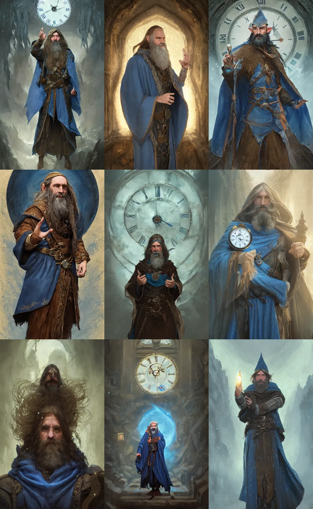 Image similar to portrait of a middle aged elf with a long beard, dressed in a blue cloak with clock iconography, brown hair, raised hand, detailed face, fantasy, highly detailed, cinematic lighting, digital art painting by greg rutkowski