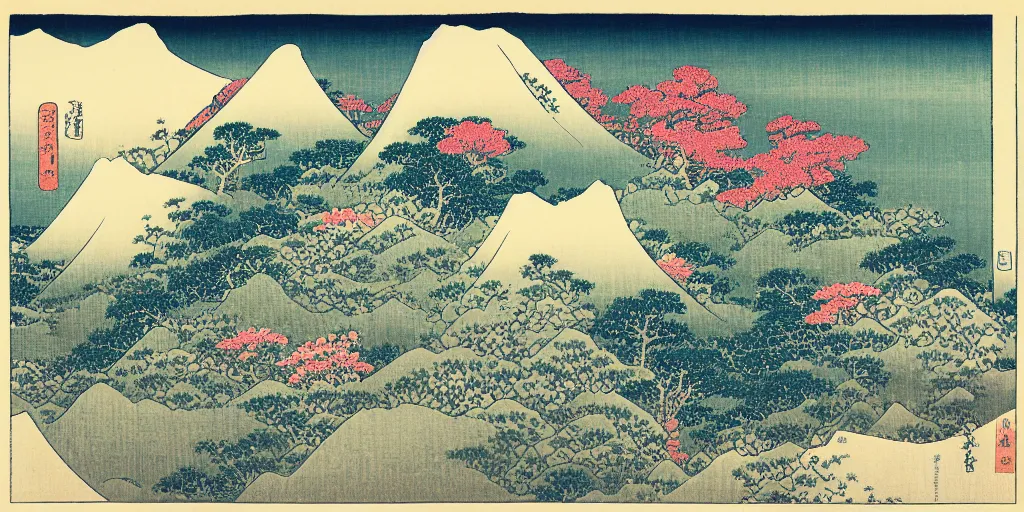Prompt: mountain landscape with many flowers, by katsushika hokusai and mahmoud sai, intricate, sharp focus, detailed, lively colors, sky, water