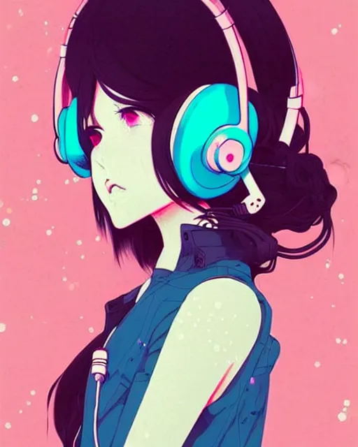 Image similar to girl wearing headphones, city background, very anime!!! anime!! intricate details, aesthetically pleasing pastel colors, poster background, art by conrad roset and ilya kuvshinov