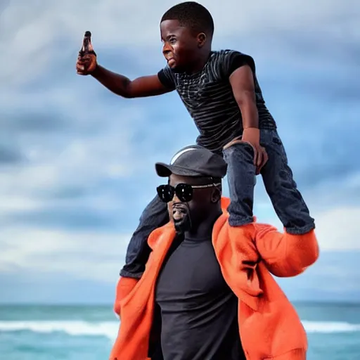 Prompt: dwayne johson carrying kevin hart on his shoulders like a father carries his son, kevin is wearing a hat with a propeller