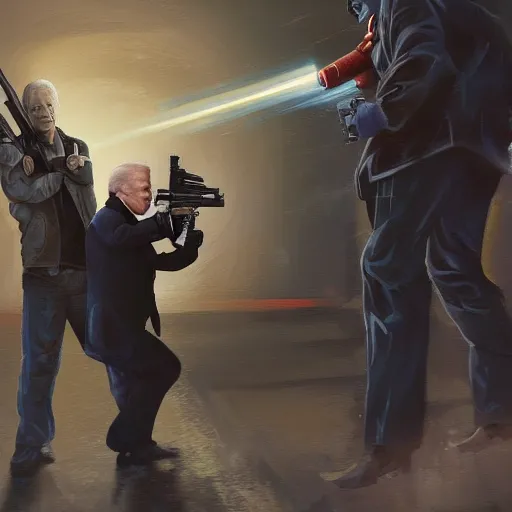 Prompt: joe biden as the terminator shooting Donald Trump with a shotgun, cinematic, establishing shot, extremly high detail, photorealistic, cinematic lighting, artstation, style by James Gurney