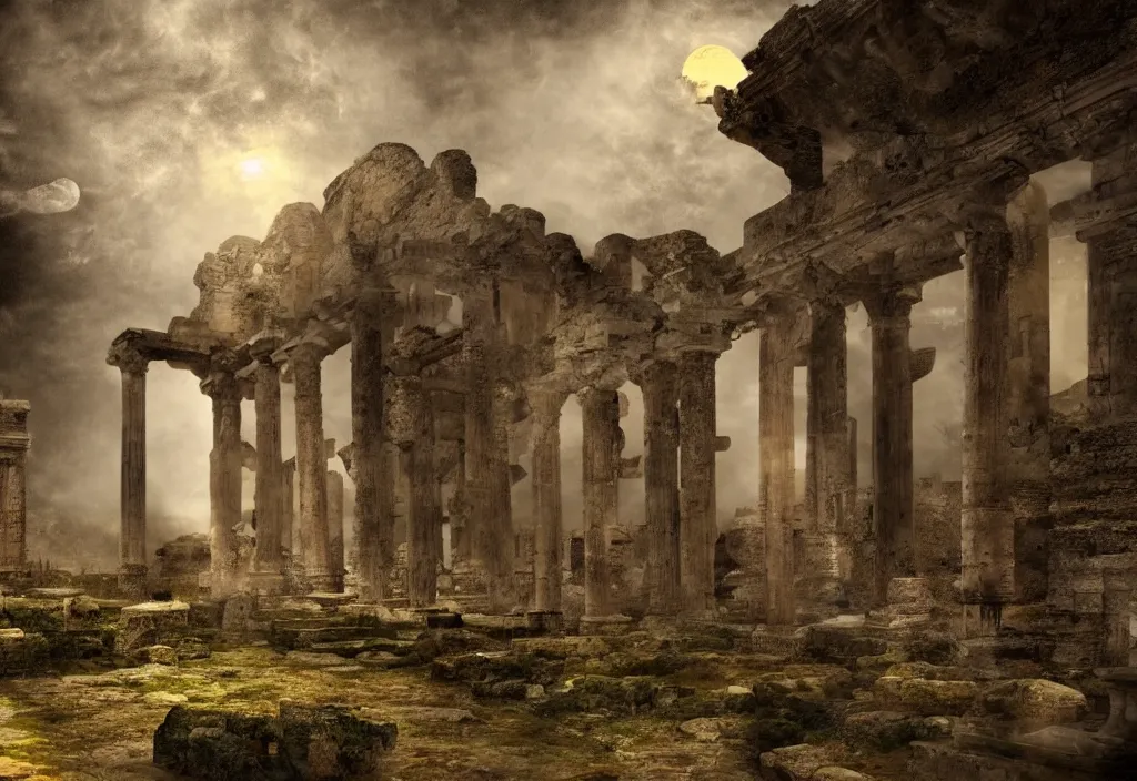 Image similar to roman ruins, moonlit with ambient fog, michael jackson with yellow eyes, trending on art station