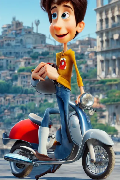 Prompt: portrait of young italian holding white teacup with vespa with italy city in background, full body. pixar disney 4 k 3 d render funny animation movie oscar winning trending on artstation and behance, ratatouille style